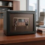 30kg heavy duty digital electronic safe box with LCD keypad and dual mechanical override keys on an office desk