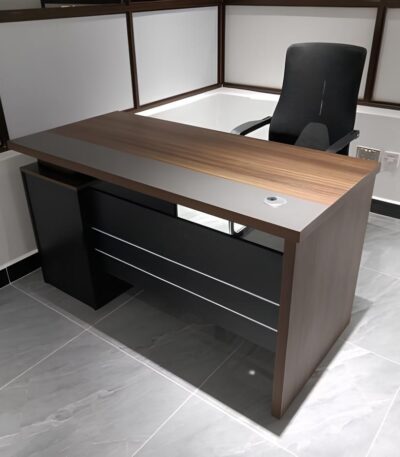 Modern executive wooden office desk with matte black frame and walnut-finish top