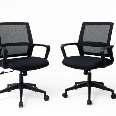 Black ergonomic mesh office chair with swivel wheels and armrests