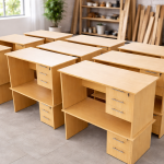 Student study desk with drawers and open storage shelf