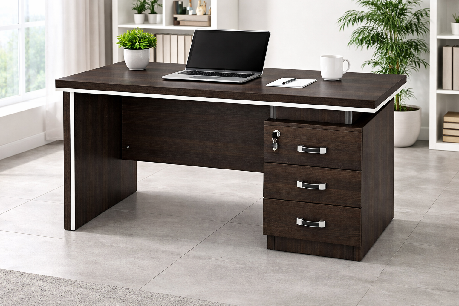 Modern wooden office desk with lockable drawers for professional workspace