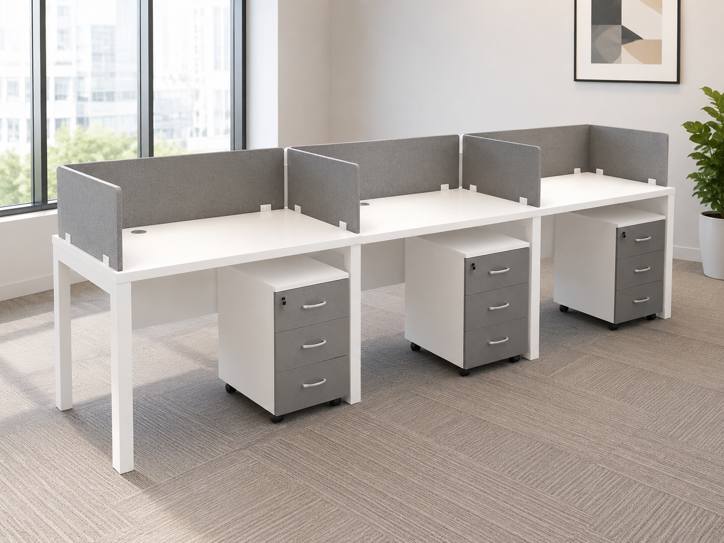 Modern 3-seater office workstation with privacy dividers and mobile pedestals