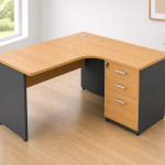 L-shaped office desk with drawers for modern workspace setup
