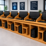 Modern cyber café workstation with multiple computer cubicles and CPU storage.