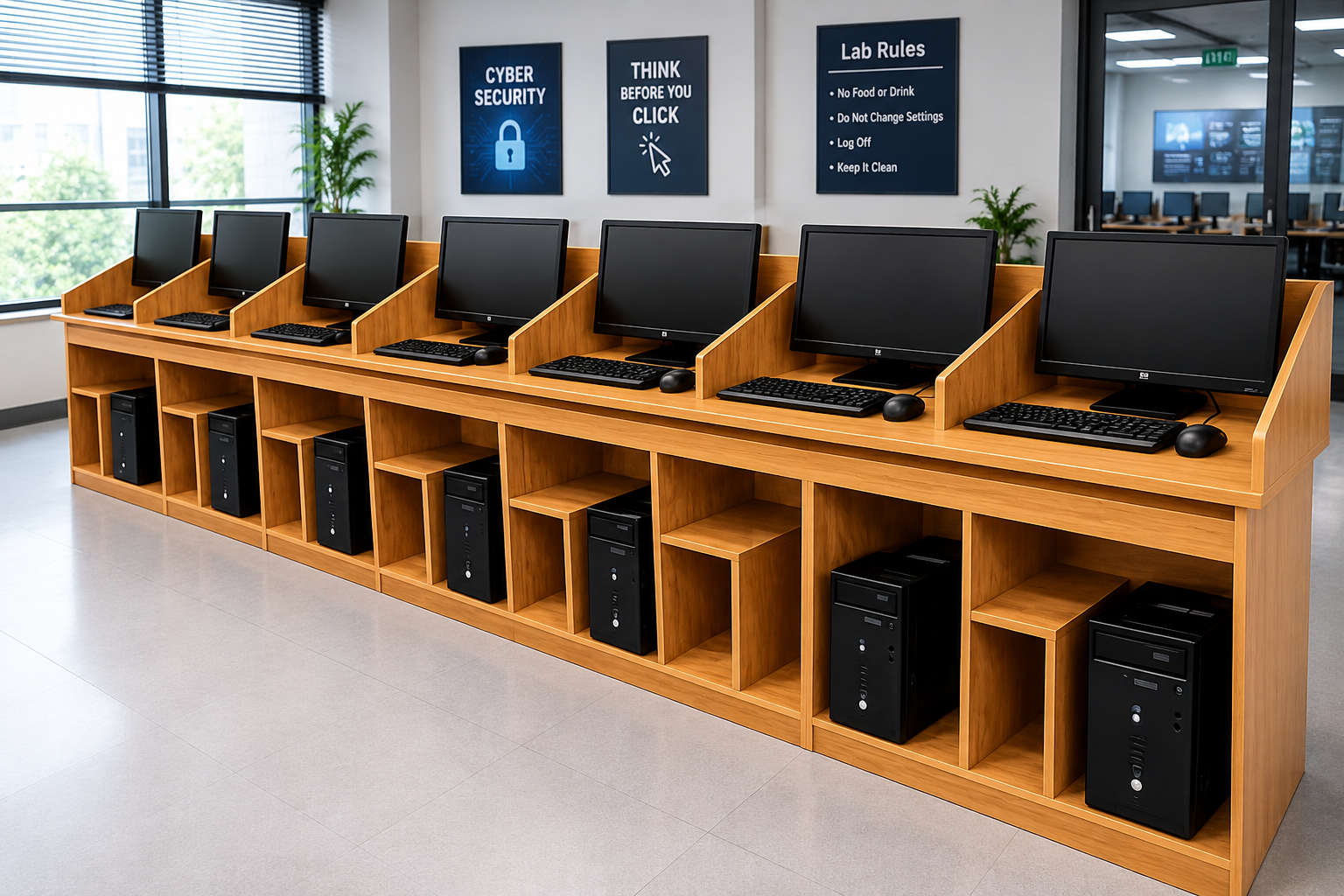 Modern cyber café workstation with multiple computer cubicles and CPU storage.