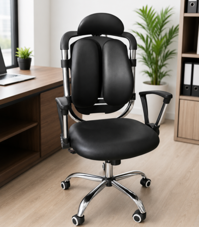 Black ergonomic double back office chair with adjustable headrest, dual lumbar support, chrome base, ergonomic armrests, and caster wheels for modern office workspaces in Kenya.