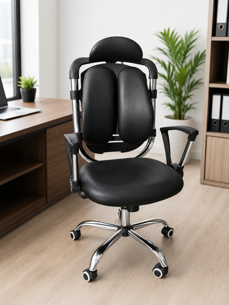 Black ergonomic double back office chair with adjustable headrest, dual lumbar support, chrome base, ergonomic armrests, and caster wheels for modern office workspaces in Kenya.