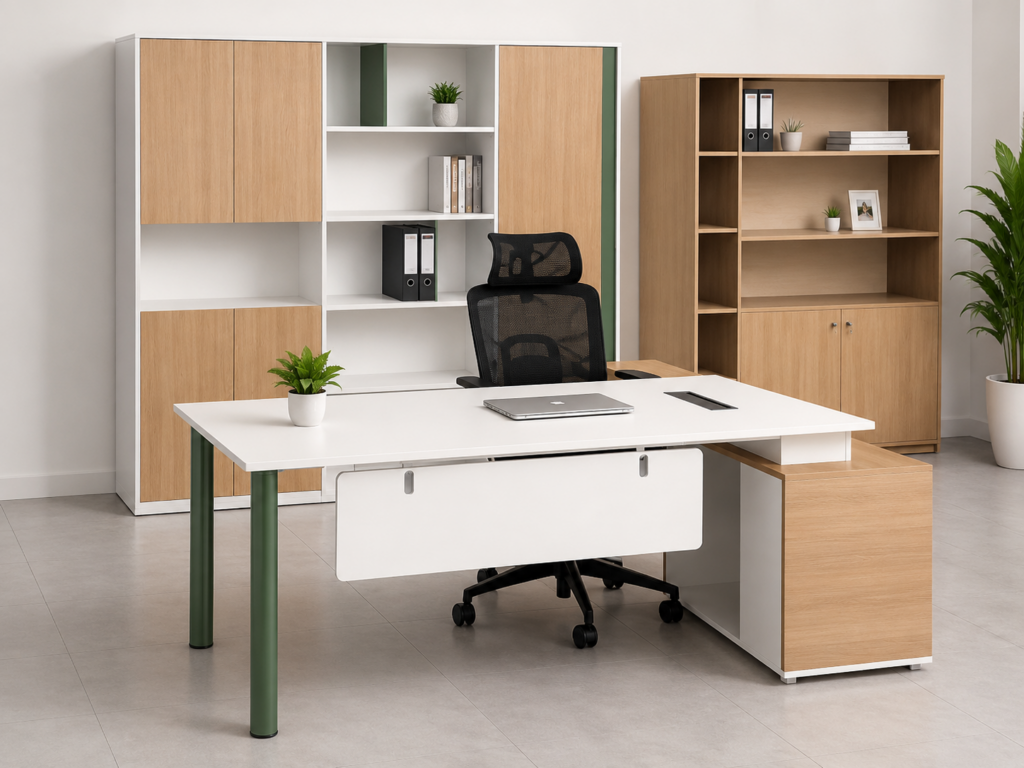 Modern executive office desk with integrated side cabinet, cable management, modesty panel, and contemporary wood finish in a professional office setting.