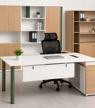 Modern executive office desk with integrated side cabinet, cable management, modesty panel, and contemporary wood finish in a professional office setting.