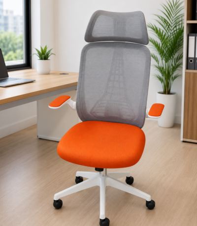 Ergonomic high back mesh office chair with adjustable headrest, orange fabric seat, white frame, ergonomic armrests, and caster wheels for modern office workspaces.