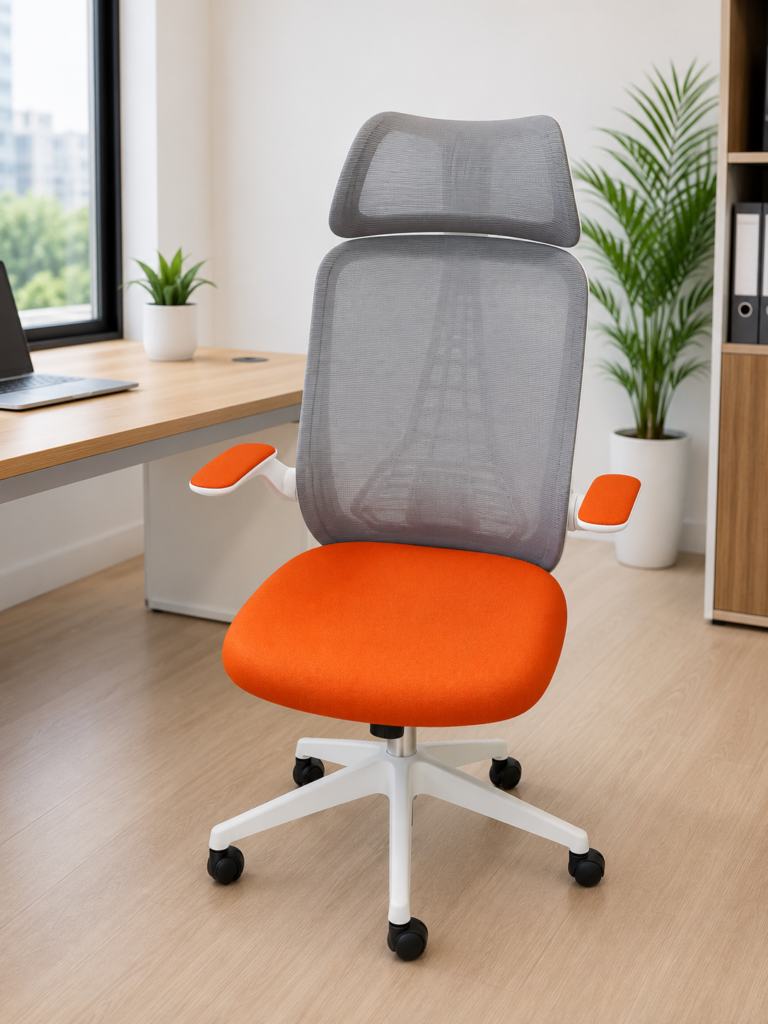 Ergonomic high back mesh office chair with adjustable headrest, orange fabric seat, white frame, ergonomic armrests, and caster wheels for modern office workspaces.