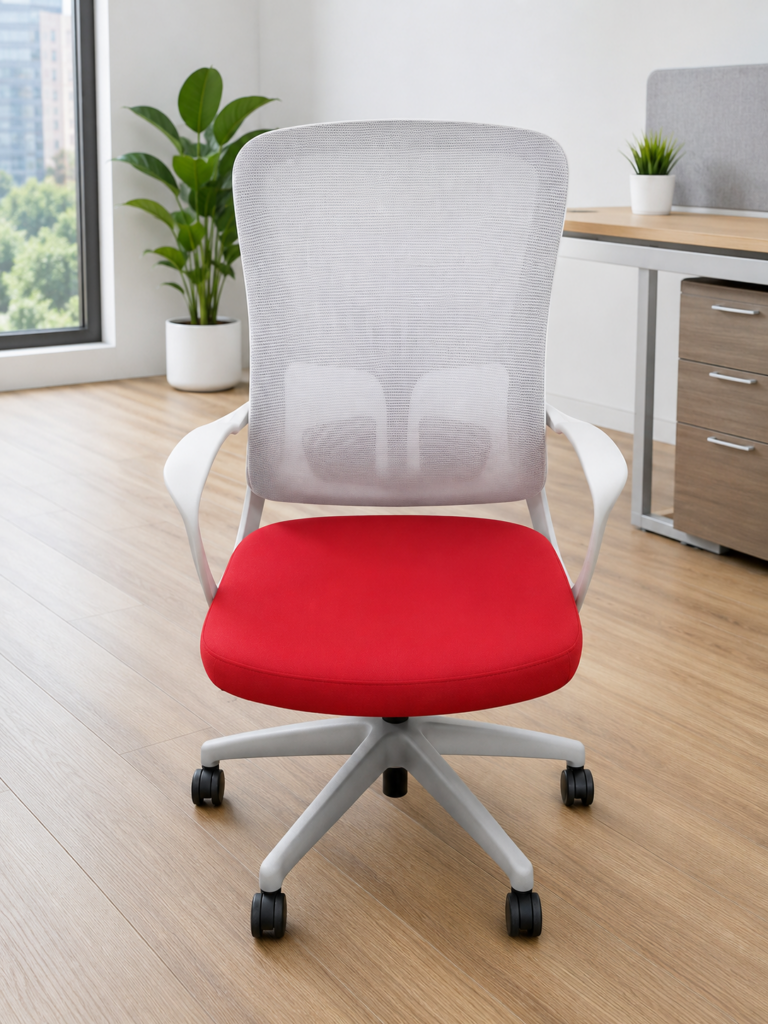 Ergonomic mesh office chair with breathable backrest, lumbar support, red fabric seat, armrests, and caster wheels for modern offices in Kenya.