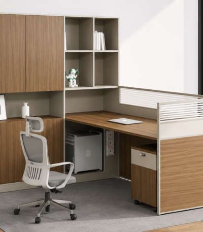 Modern office workstation desk with storage cabinet, shelves, privacy panel and ergonomic office chair for corporate offices in Kenya.