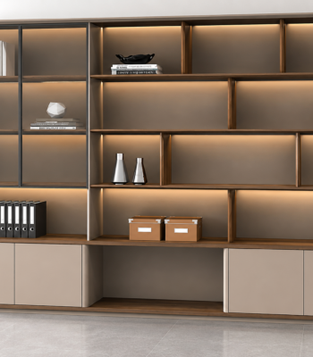 Modern executive wooden office storage cabinet with open display shelves and enclosed filing compartments for corporate offices in Kenya.