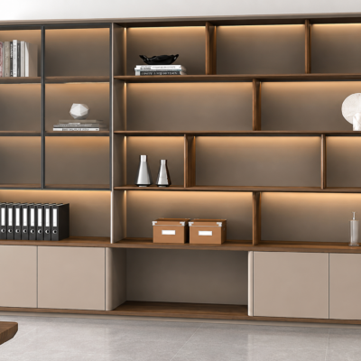 Modern executive wooden office storage cabinet with open display shelves and enclosed filing compartments for corporate offices in Kenya.