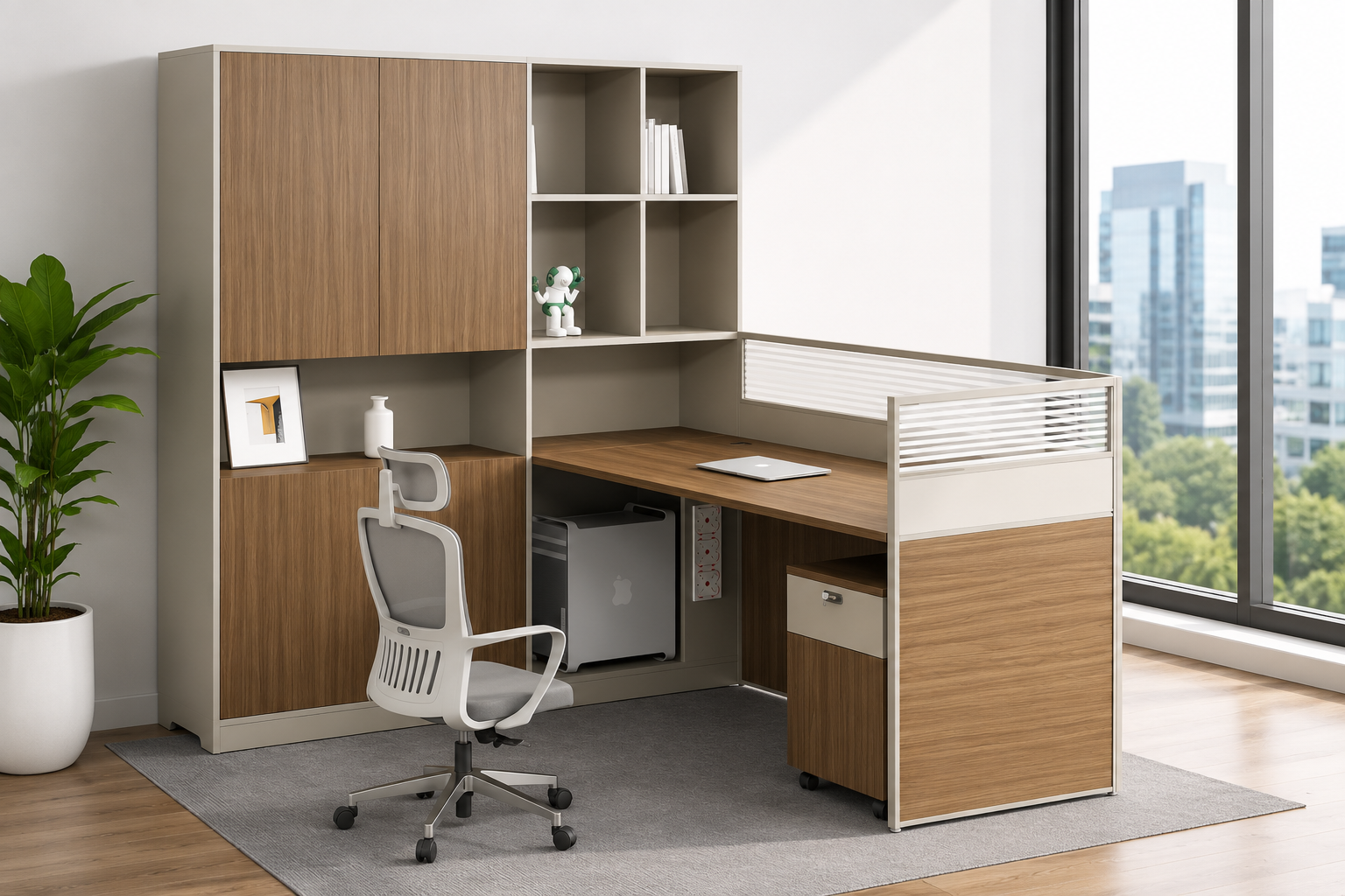 Modern Office Workstation Desk with Storage Cabinet & Privacy Panel