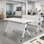 White flip top foldable office training table with lockable caster wheels and modesty panel