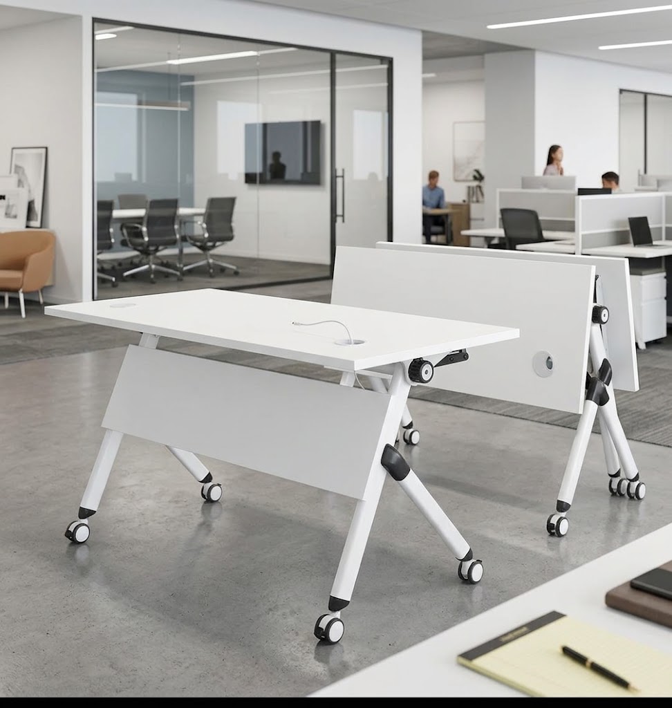 White flip top foldable office training table with lockable caster wheels and modesty panel