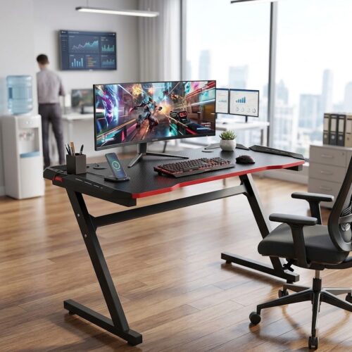 Height adjustable gaming and office desk in modern workspace