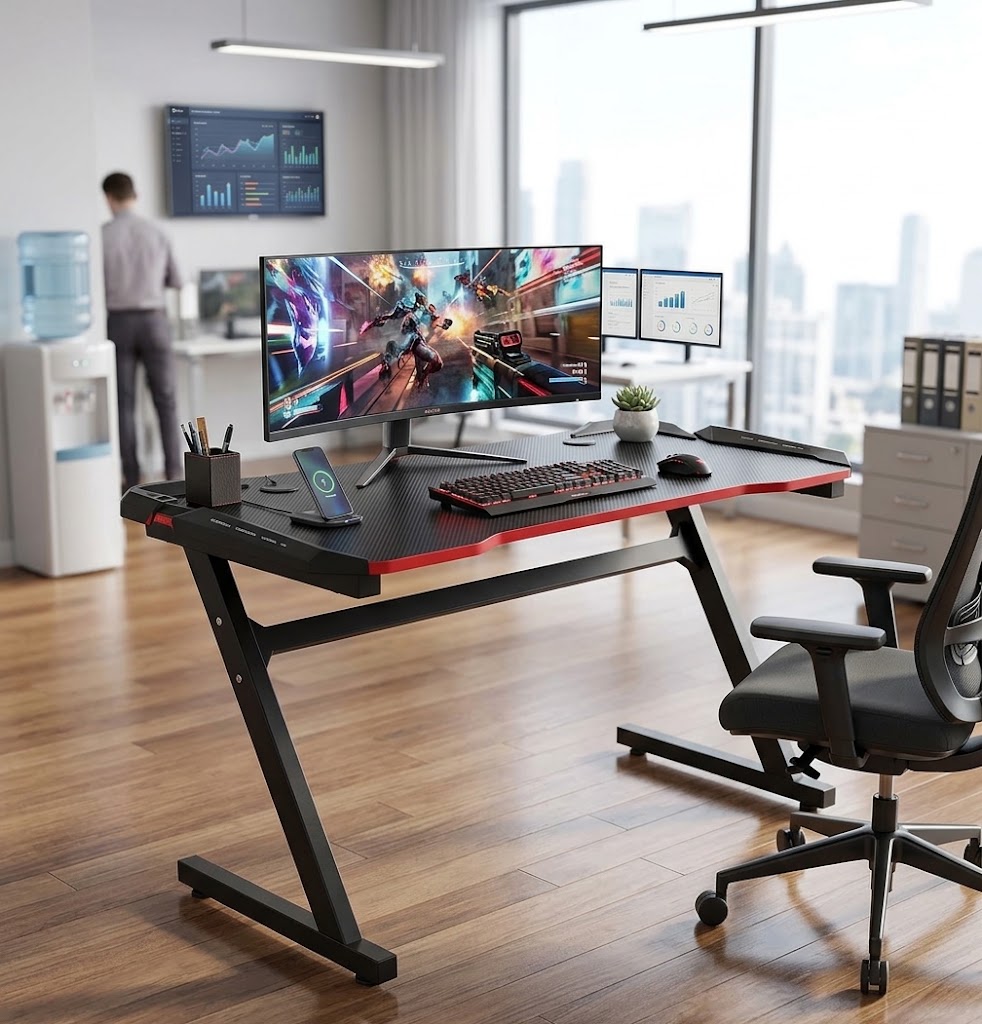 Height adjustable gaming and office desk in modern workspace