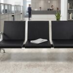 Modern 3 seater black office reception waiting bench with chrome legs and armrests