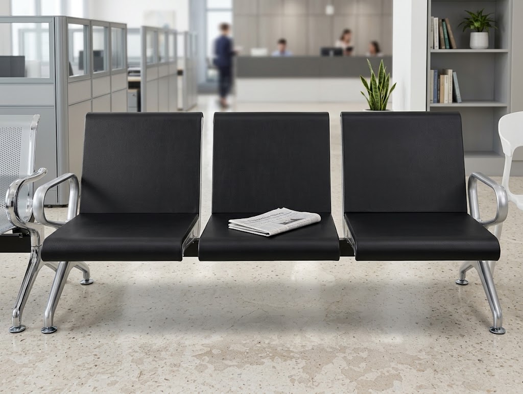 Modern 3 seater black office reception waiting bench with chrome legs and armrests
