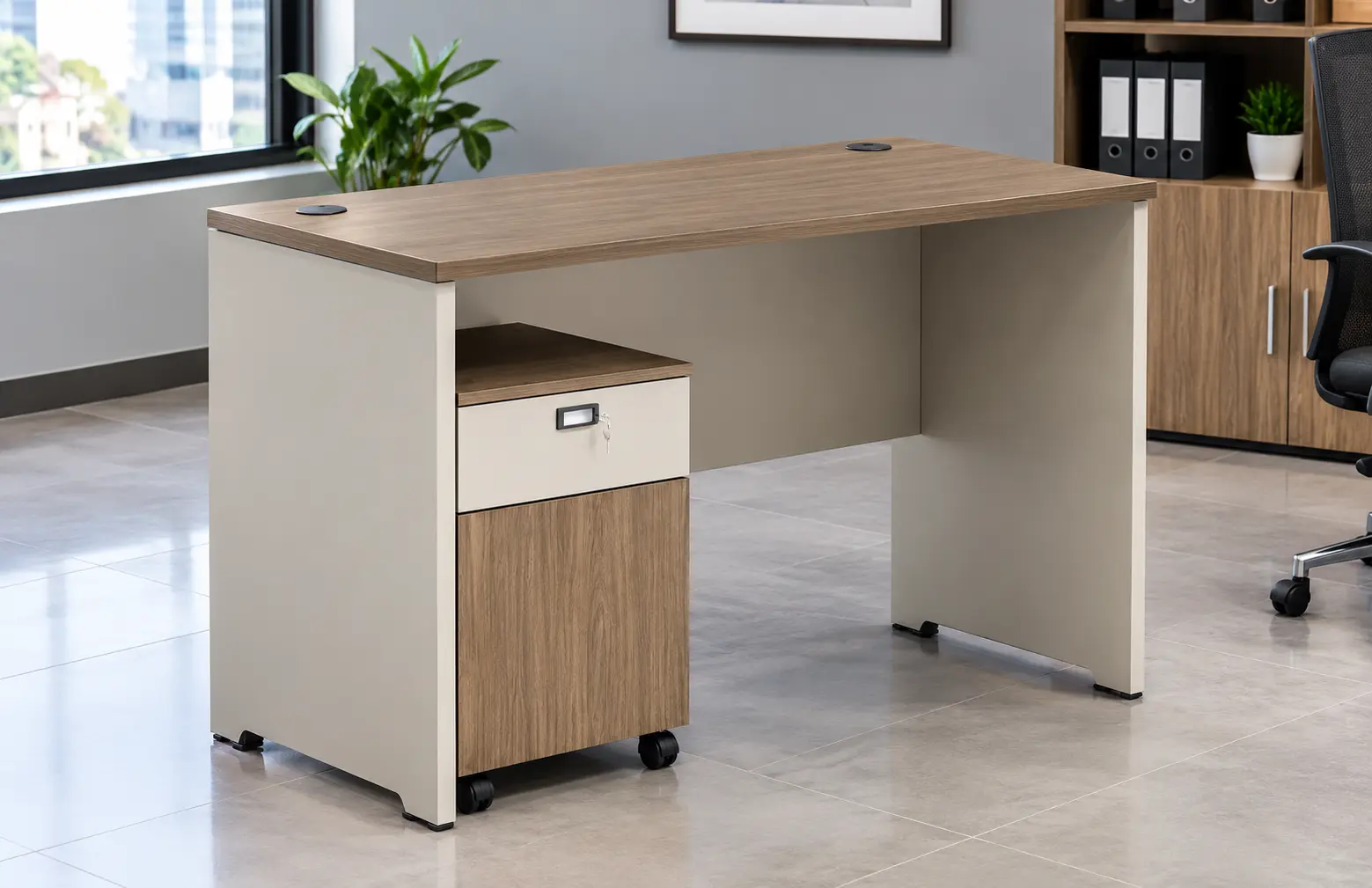 Executive office desk with storage pedestal for commercial workspace