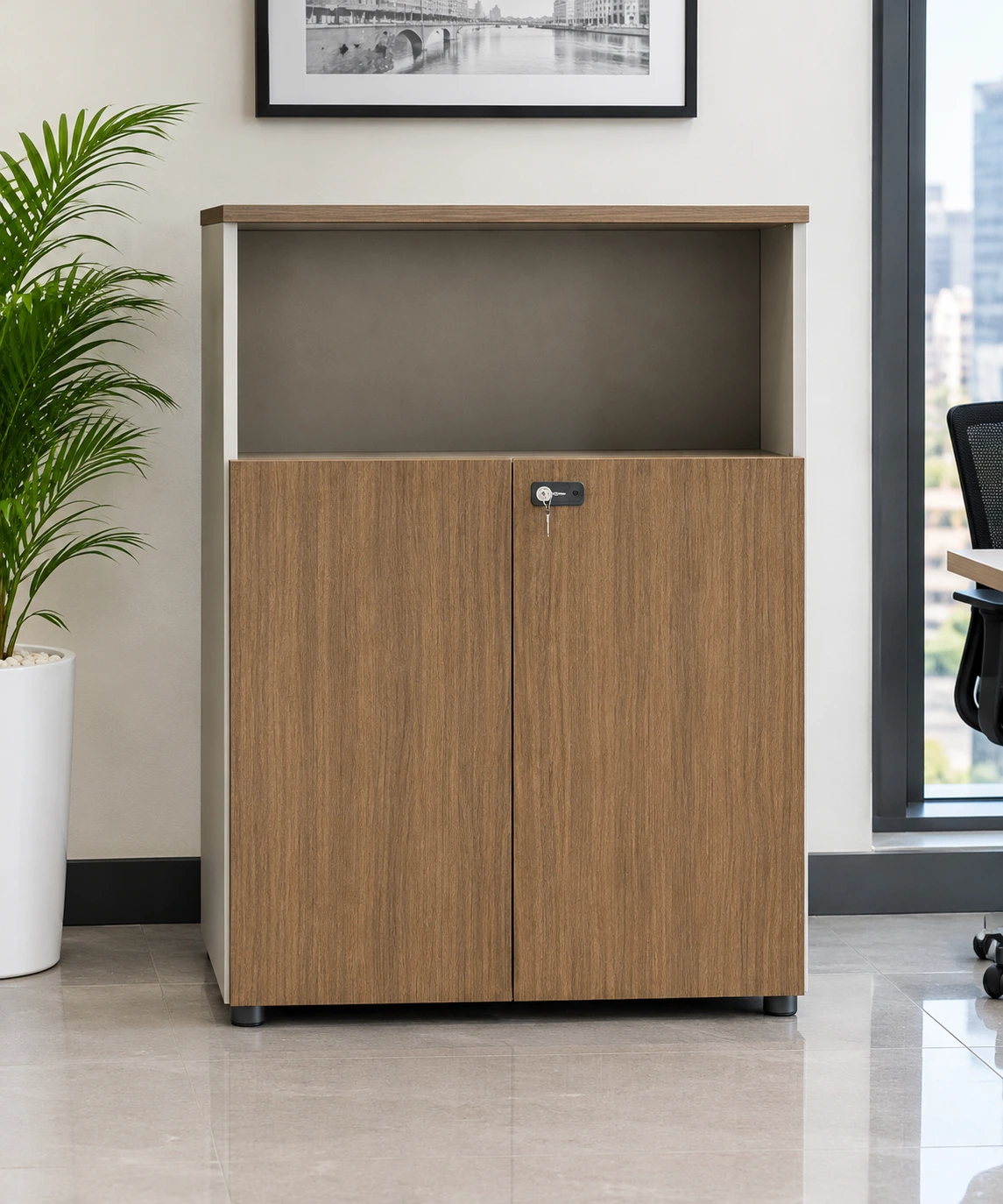 Wooden office cabinet with lockable storage and open shelf