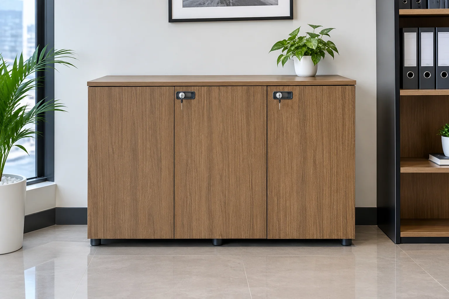 Wooden 3-door office cabinet for commercial workspace storage