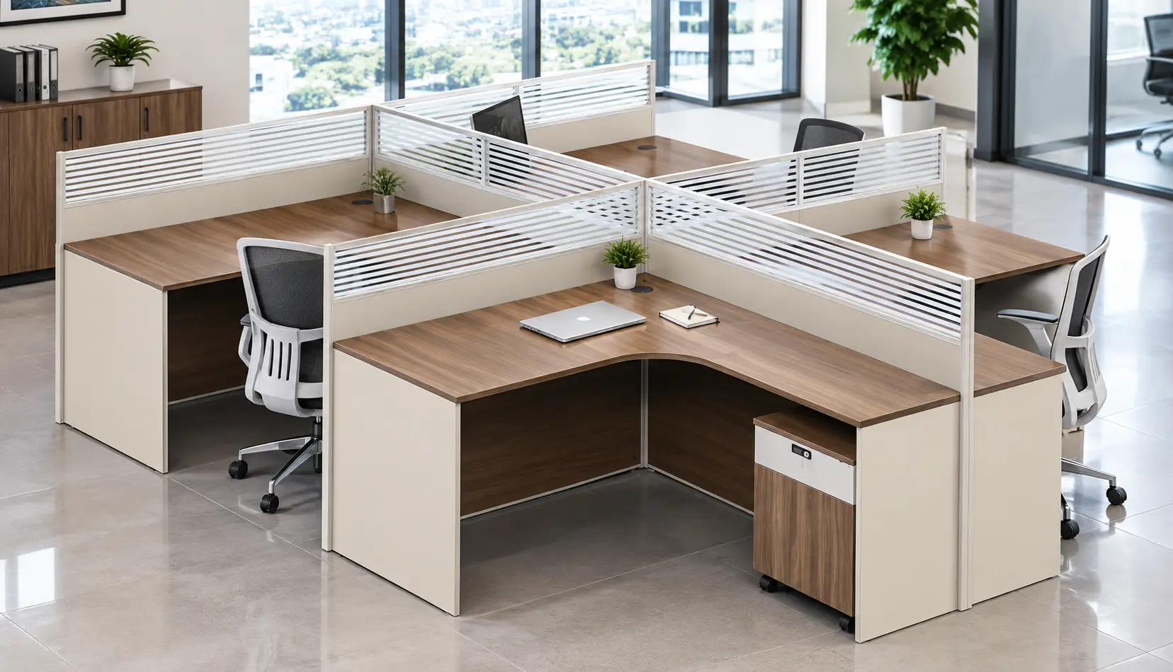 Commercial four-person office workstation with wood-effect desks and partitions