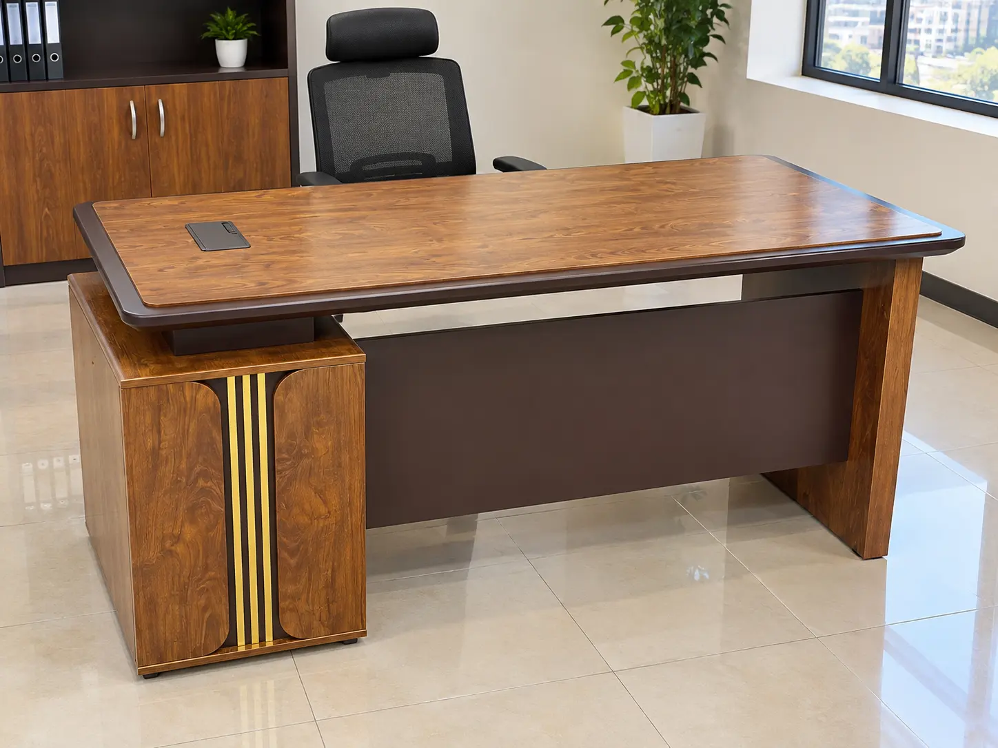 Executive office desk with three-drawer pedestal and wood-grain finish.