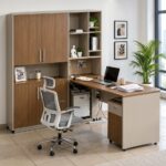 Executive office desk with integrated storage cabinet, open shelves and wood-effect finish.