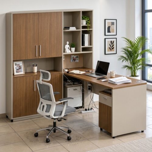 Executive office desk with integrated storage cabinet, open shelves and wood-effect finish.