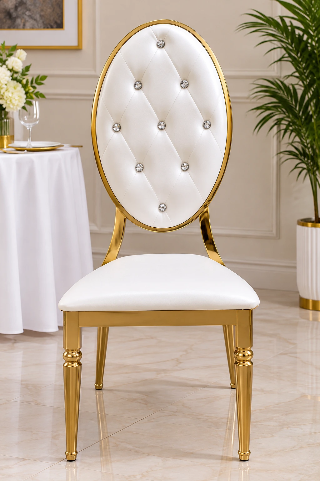 Elegant gold-tone banquet dining chair for weddings, receptions, hotels and corporate events in Kenya.