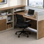 L-shaped employee desk with integrated storage shelves, cabinets and privacy partition in a modern office.
