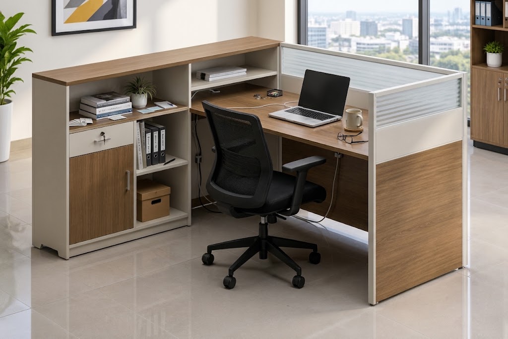 L-shaped employee desk with integrated storage shelves, cabinets and privacy partition in a modern office.