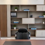 Modern office storage cabinet with open shelves and closed compartments