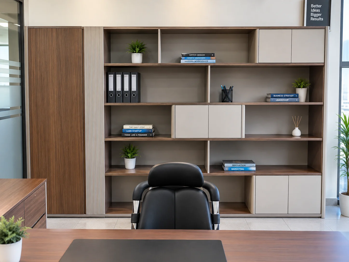 Modern office storage cabinet with open shelves and closed compartments