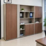 Modern office storage cabinet with open shelves and closed compartments