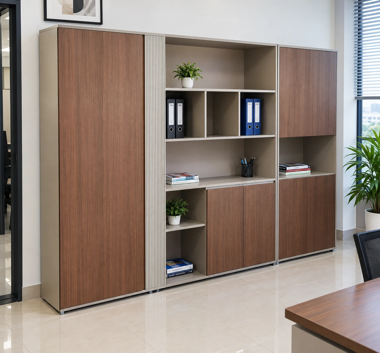 Modern office storage cabinet with open shelves and closed compartments