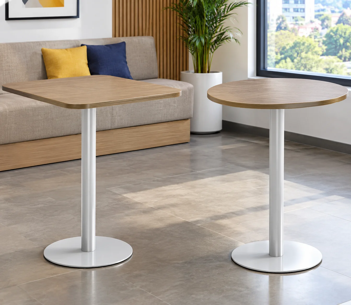 Modern square office café table with wood-look top and pedestal base