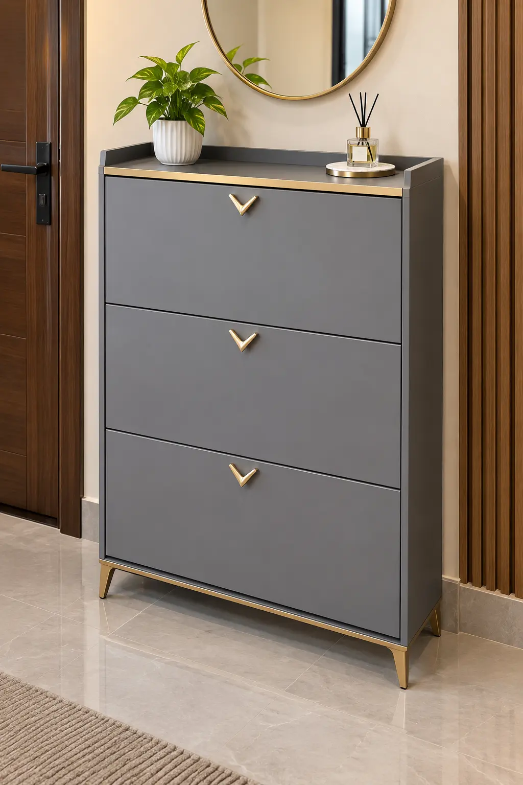 Modern three-tier grey shoe cabinet with gold accents