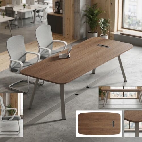 Contemporary office meeting table with wood-effect tabletop in a professional conference room.