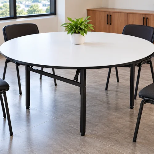 White round folding banquet table with black metal legs for conferences and corporate events in Kenya.