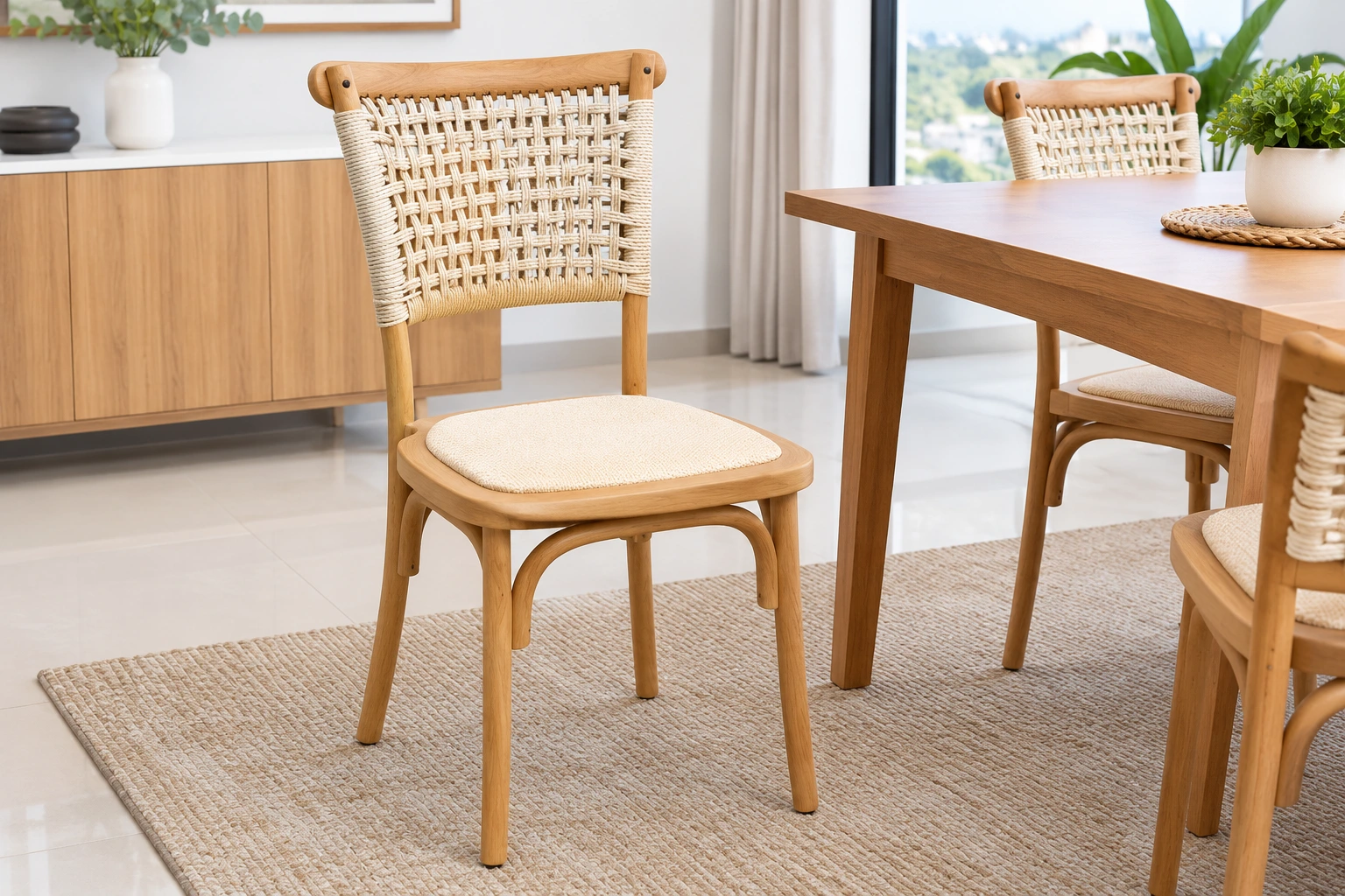 Wooden restaurant dining chair with woven backrest and cushioned seat.