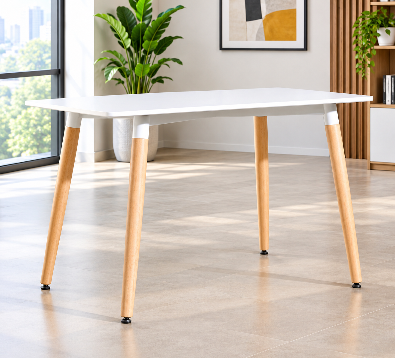 Minimalist restaurant table with white top and natural wooden legs in a commercial dining space