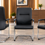 Black leather visitor and boardroom chair with chrome cantilever frame