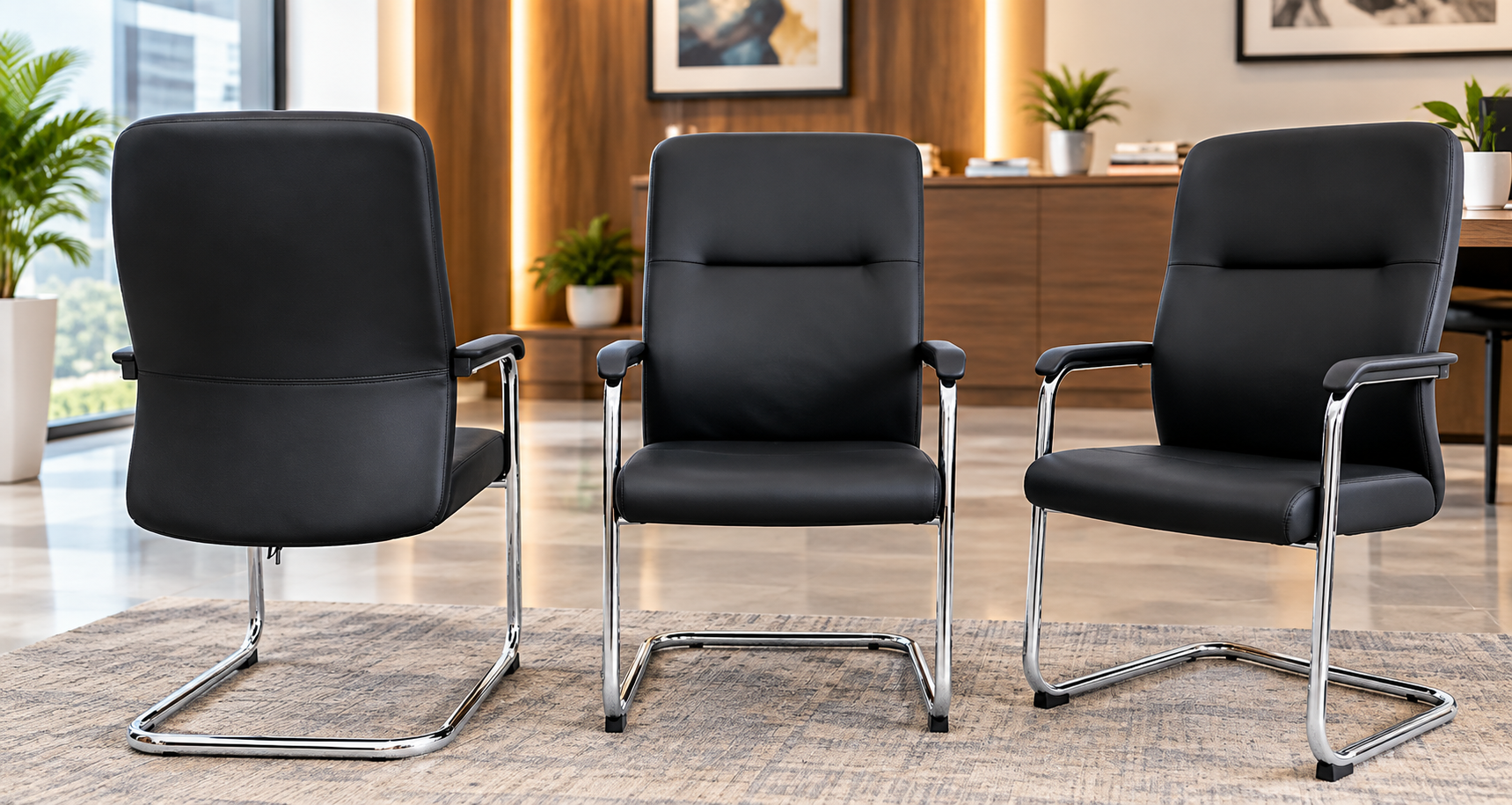 Black leather visitor and boardroom chair with chrome cantilever frame
