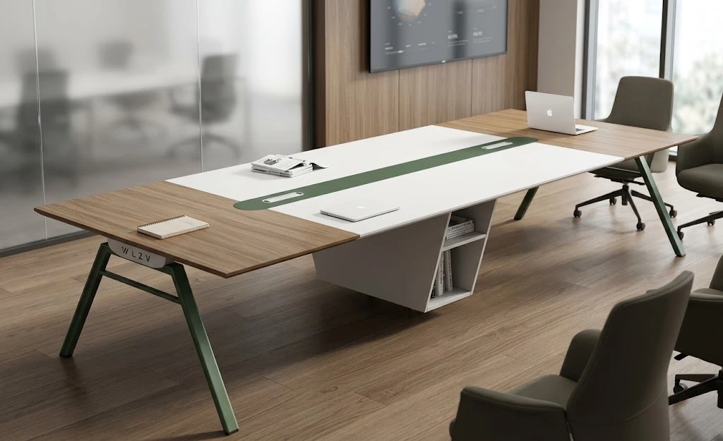 Modern executive conference table with cable management in corporate boardroom