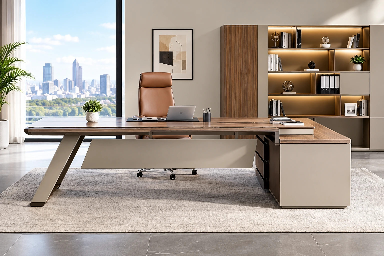 Modern executive office desk with side return in a contemporary office.